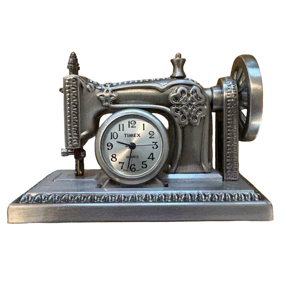 Vintage Timex Sewing Machine Mini Clock Pewter Tone EUC